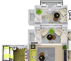 The Turin with Sunroom 3D The Turin with Sunroom 3D. 3 bedroom apartment with study room. Kitchen with bartop open to living/dining rooms. 2 full bathrooms, double vanity in master. Walk-in closets. Sunroom.